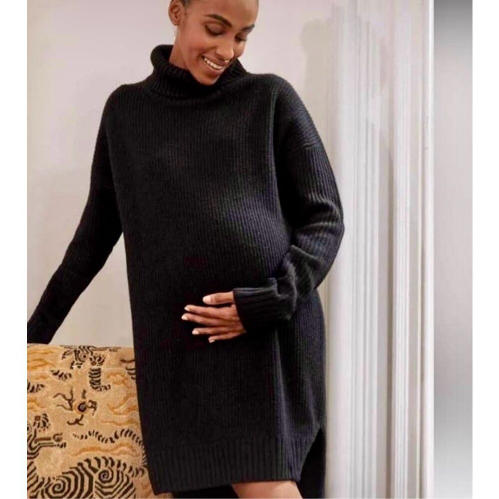 Anthropologie Maternity Serena Hatch Sweater Dress size 3 L Merino Wool Black